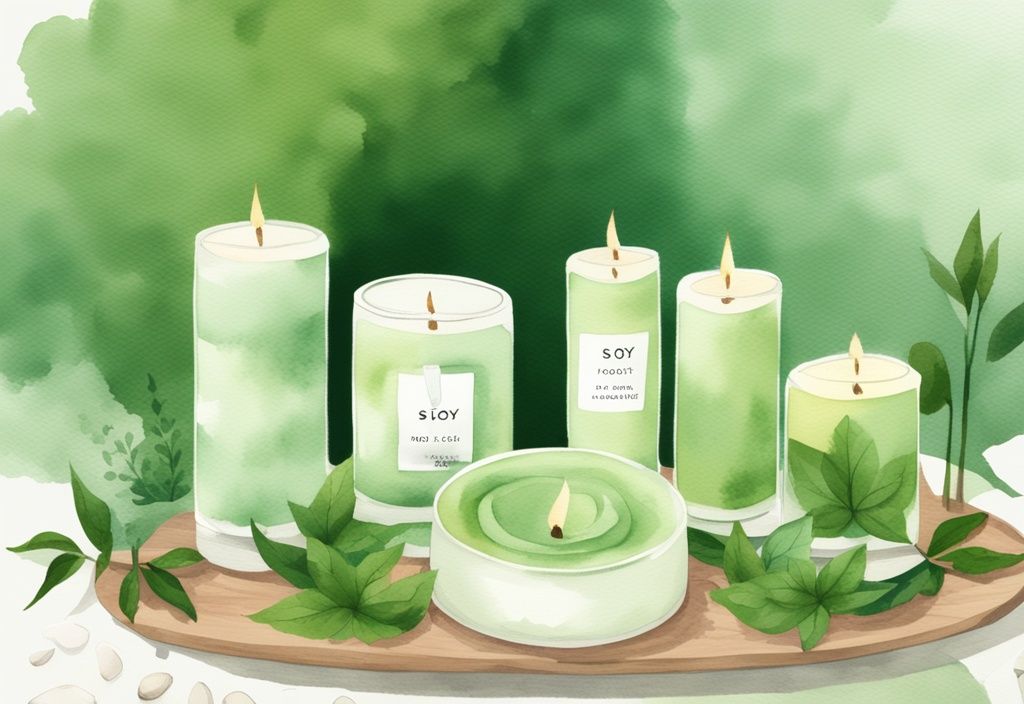 Modern watercolor illustration of green-themed non-toxic soy candles, essential oils, and soy wax flakes on a table.