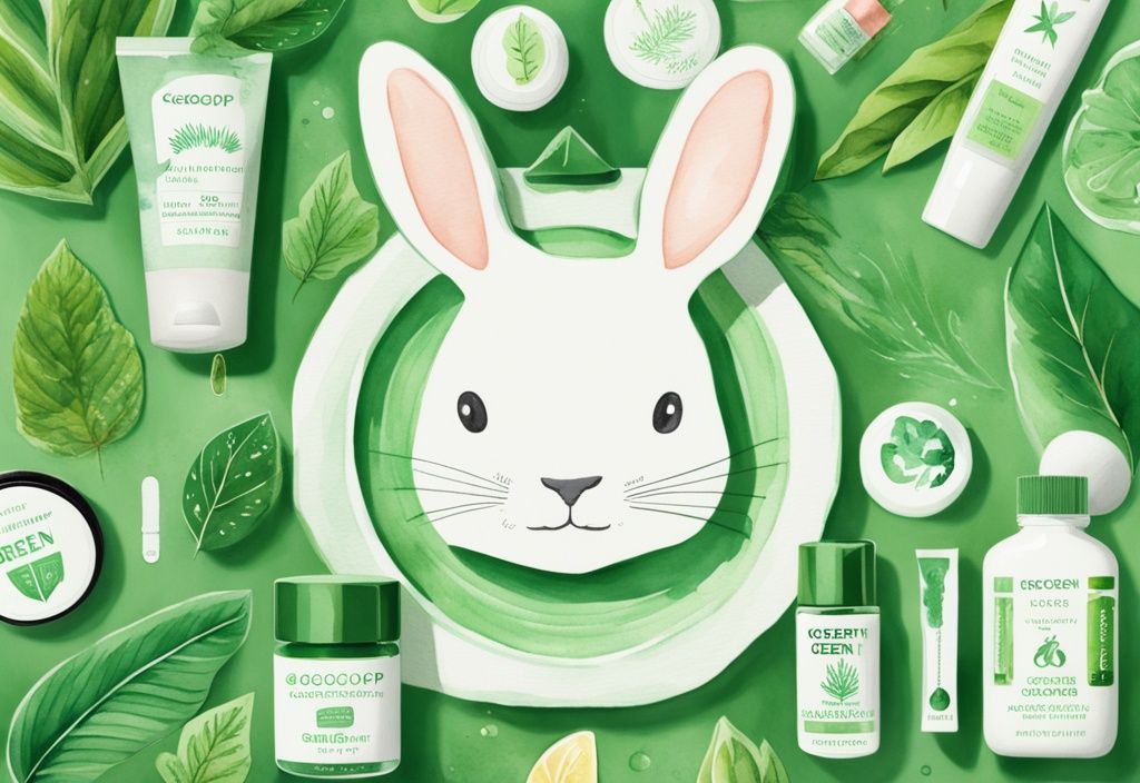 Modern watercolor illustration of Supergoop products with green theme, showcasing cruelty-free symbols like rabbit icons and green leaves.