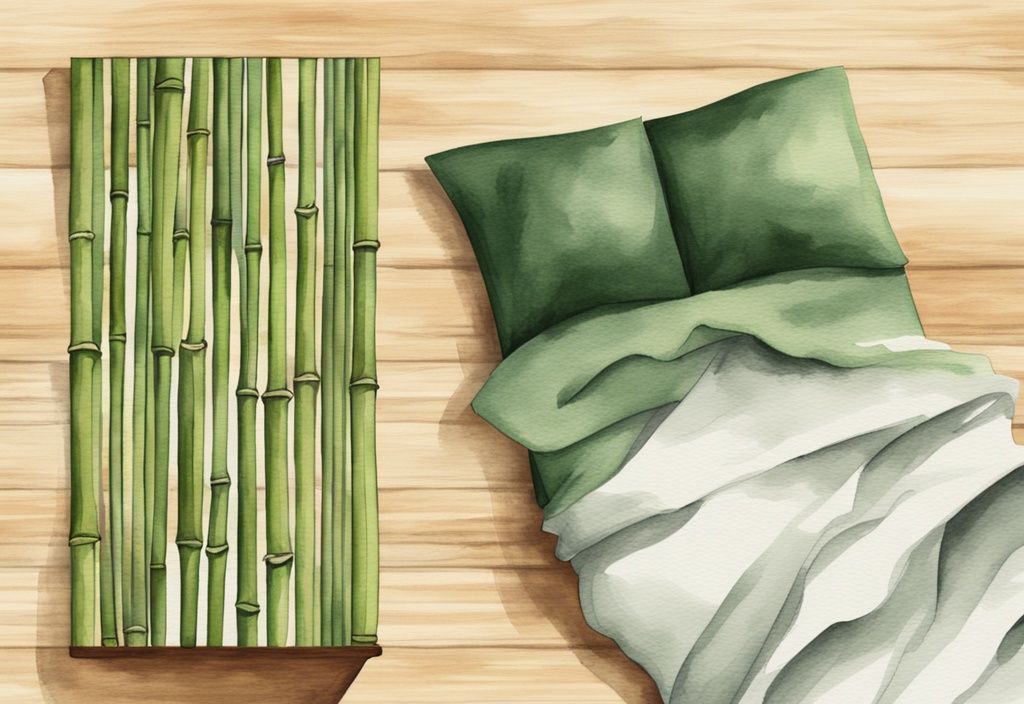 Modern watercolor illustration comparing neatly folded bamboo and linen sheets on a minimalistic wooden table, highlighting the differences in "linen vs bamboo sheets".