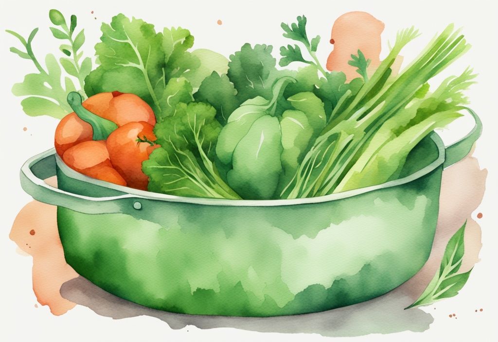 Modern watercolor illustration of a Hexclad pan with organic vegetables and a green check-mark indicating non-toxic property.