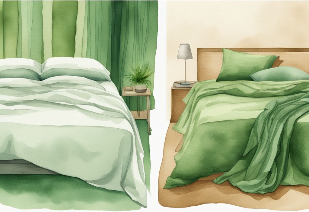 Split-screen comparison of bed with textured linen sheets and smooth bamboo sheets in green watercolor illustration.