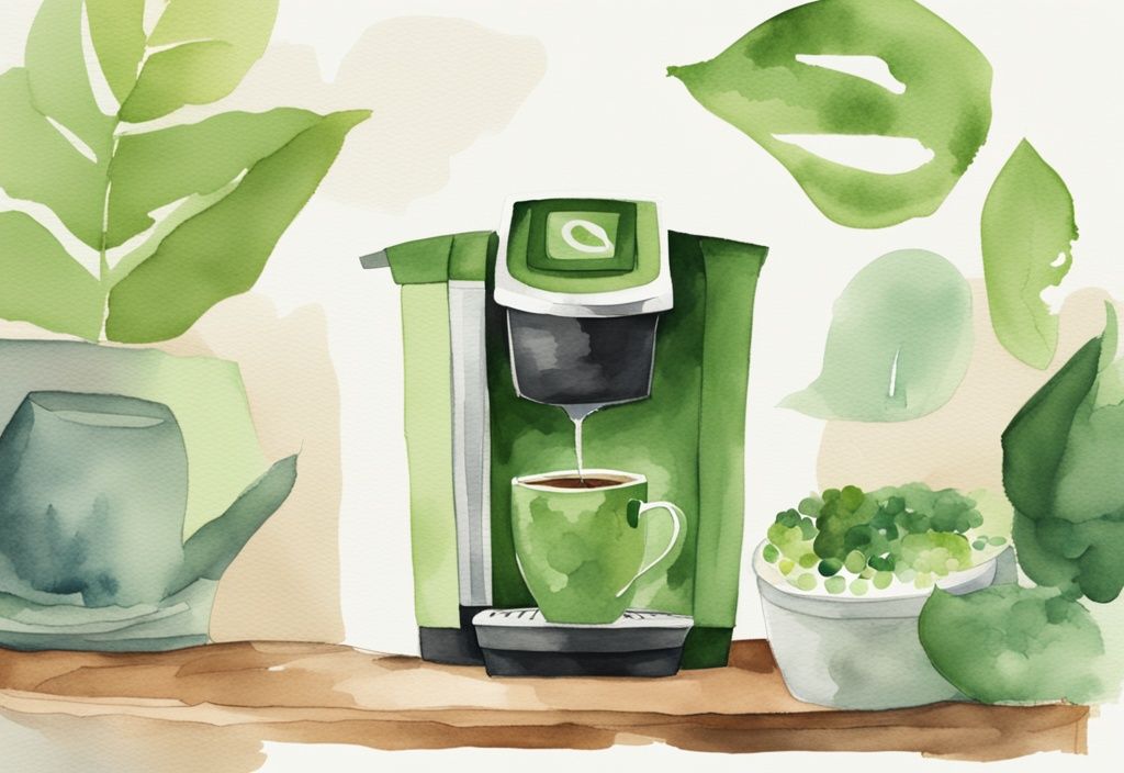 Modern watercolor illustration of a green-themed Keurig coffee machine with a stylized question mark above it, highlighting health implications.