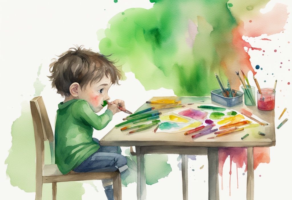 Modern watercolor illustration of a kid looking uncomfortably stuffed with half-eaten crayons on the table and colorful smears around the mouth.