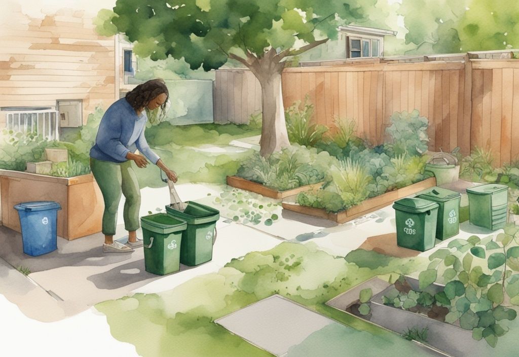 Modern watercolor illustration of a person planting a tree in their backyard with several recycling bins in the background, demonstrating how to help the environment.