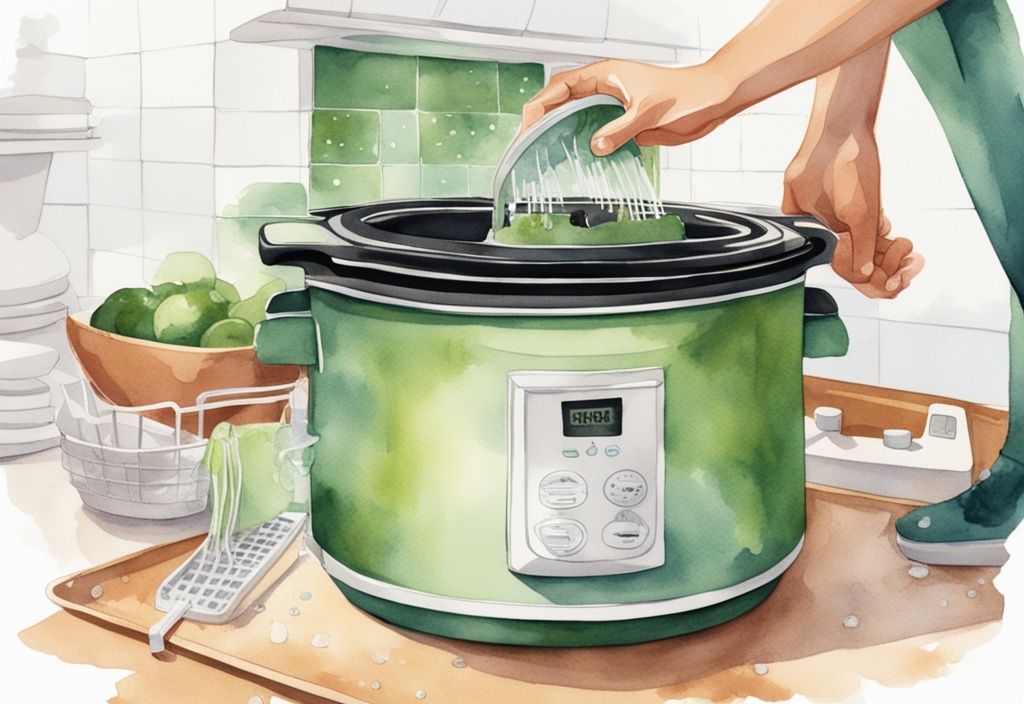 Modern watercolor illustration showing a sparkling clean crock pot being removed from a dishwasher, highlighting its unscathed surface, answering the question: is a crock pot dishwasher safe.