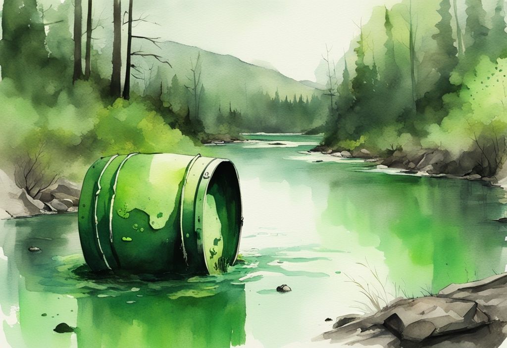 Modern watercolor illustration of corroded metal barrel with radioactive symbol leaking glowing green substance into pristine river, vibrant green contrast, environmental pollution concept.