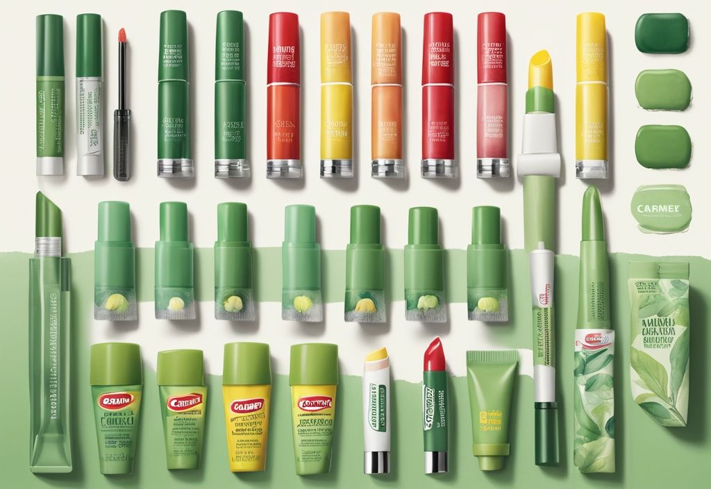 Modern green watercolor illustration of Carmex lip balm products showcasing healthier, softer lips; is Carmex good for your lips?