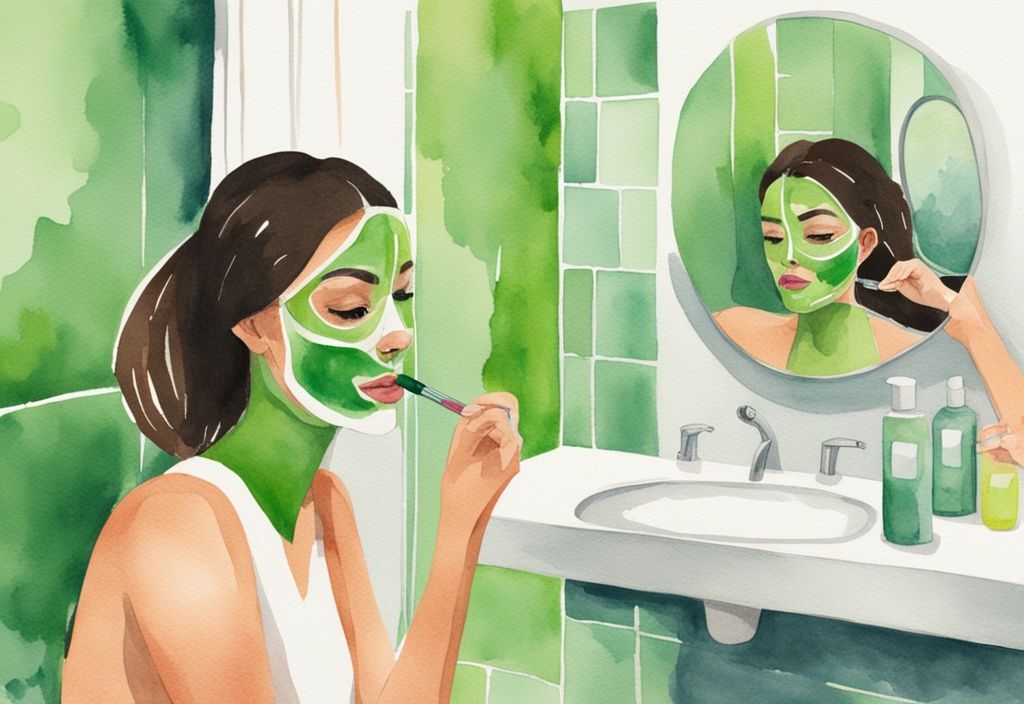 Modern watercolor illustration of a woman applying green mask stick in front of bathroom mirror.