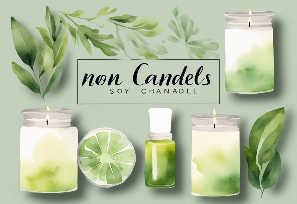 Modern watercolor illustration of non-toxic soy candles with green theme, arranged on a table with essential oils and soy wax flakes.