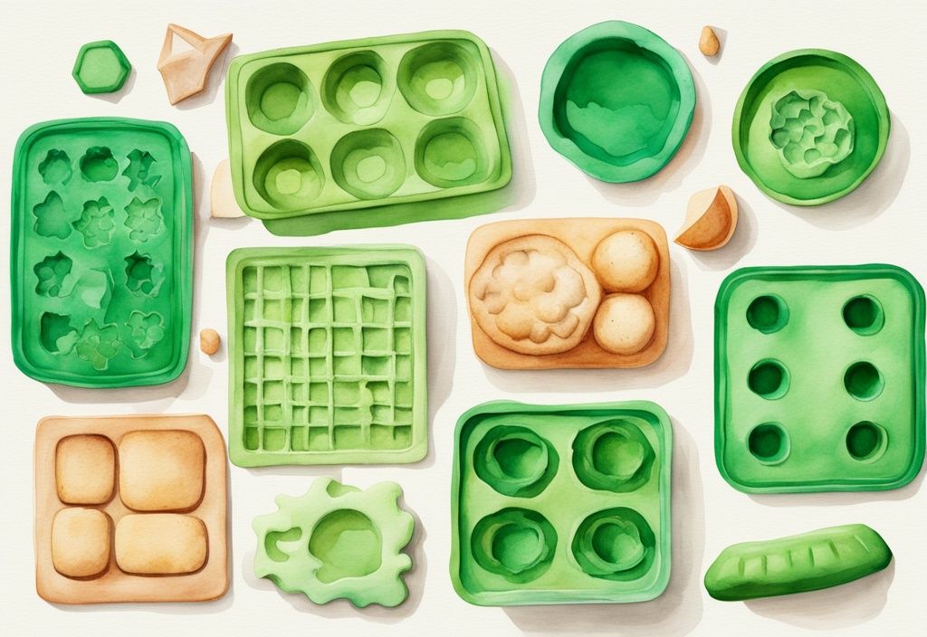 Modern watercolor illustration of green-themed oven safe silicone molds with freshly baked goods inside.