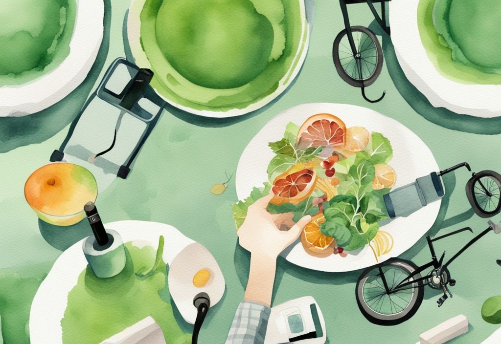 Modern watercolor illustration of a person practicing minimal consumption with less food, an unplugged charger, and a cycling bike, emphasizing green living and sustainability.