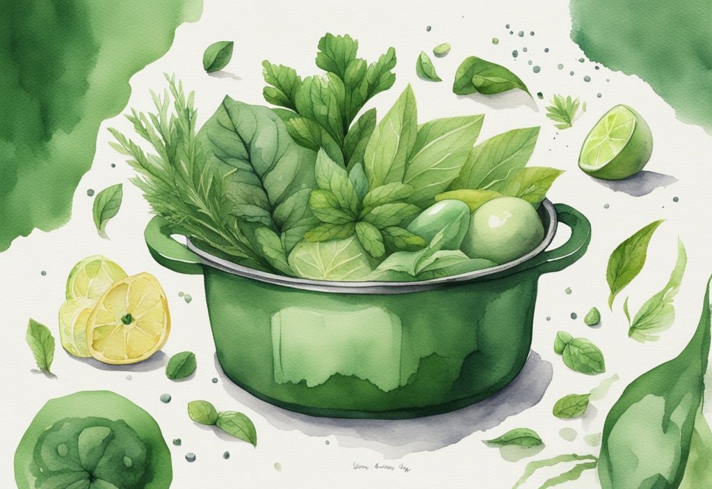 Modern watercolor illustration of a green-themed Hexclad pan with fresh organic ingredients, emphasizing the non-toxic characteristic; are Hexclad pans non toxic?