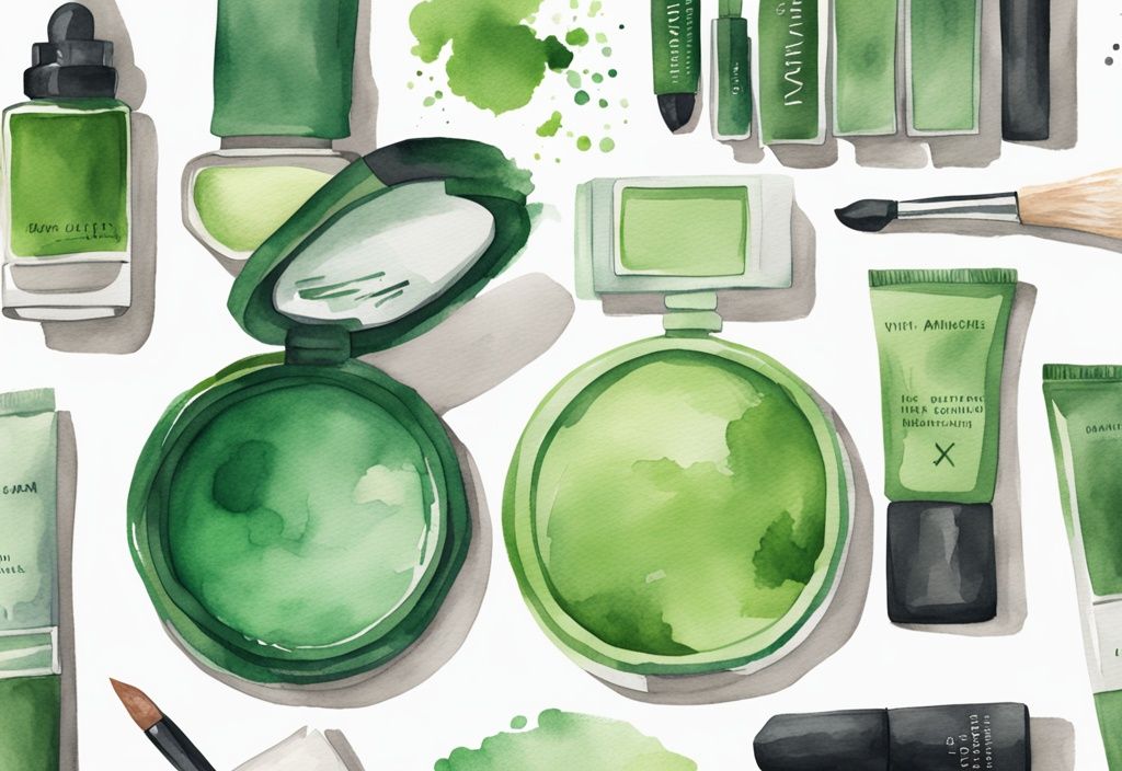 Modern watercolor illustration of bare minerals non toxic makeup products with green check marks.