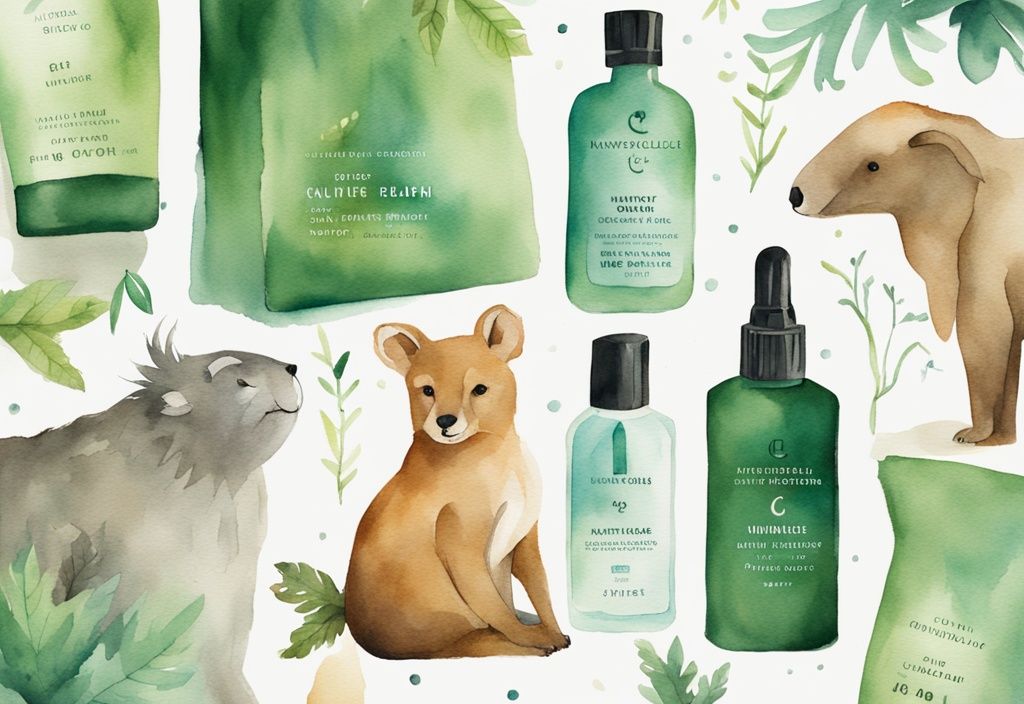 Modern watercolor illustration featuring Skinceuticals cruelty free products surrounded by peaceful, happy animals in a green color theme.