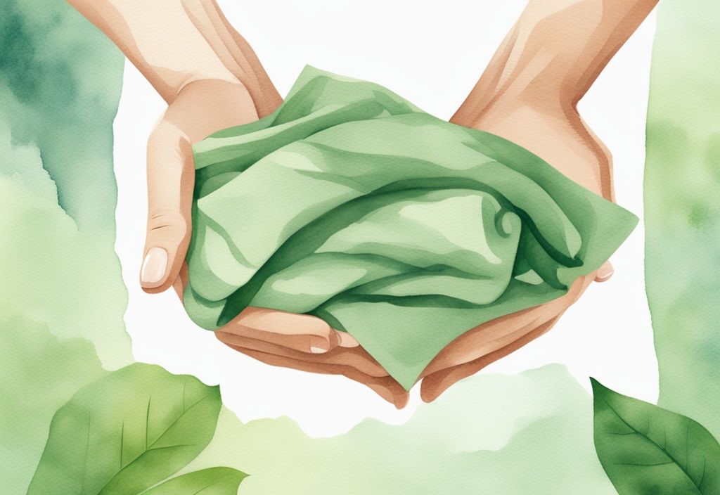 Modern watercolor illustration of hands cradling Earth Breeze laundry sheets with green theme, symbolizing fresh, clean earth and non-toxic breeze.