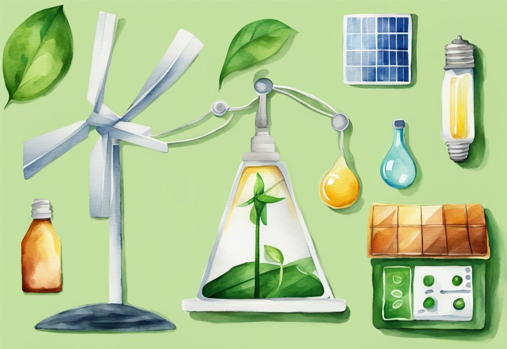 Modern watercolor illustration of a balance scale comparing eco-friendly items (leaf, recycle symbol, light bulb) vs sustainable items (windmill, solar panel, biofuel pump) with green color theme.