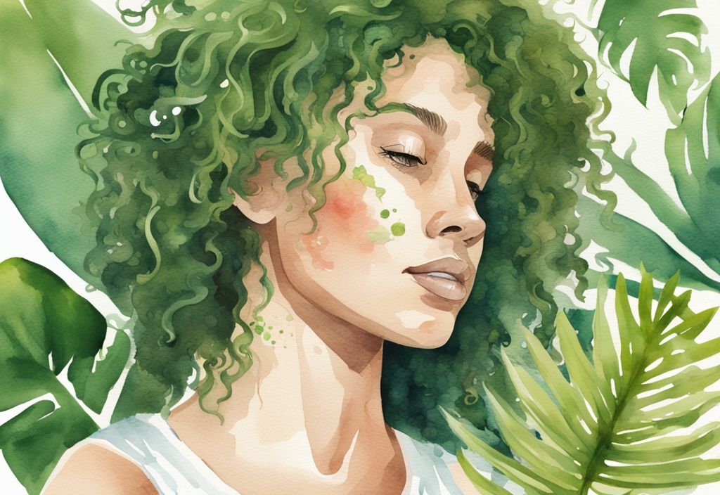 Modern watercolor illustration of person with curly hair using native shampoo, surrounded by tropical and botanical elements, green color theme.