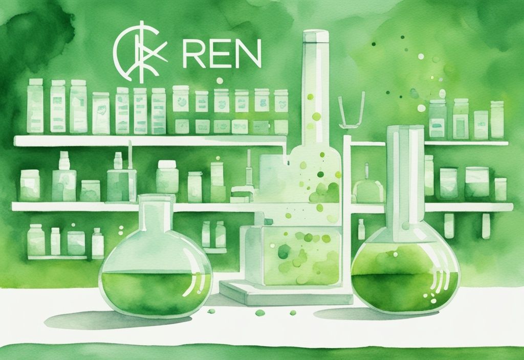 Modern watercolor illustration of a green laboratory with a 'no' symbol, Ilia logo, and 'Cruelty-Free' text.