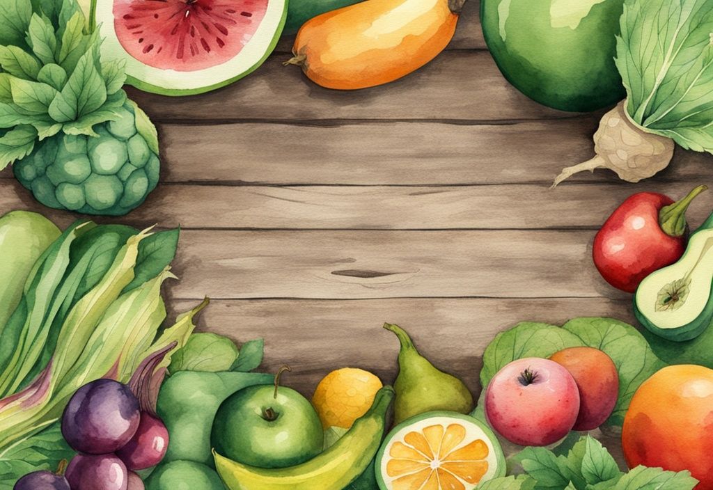 Modern watercolor illustration of non toxic foods with green theme, featuring vibrant organic fruits and vegetables on rustic wooden table.