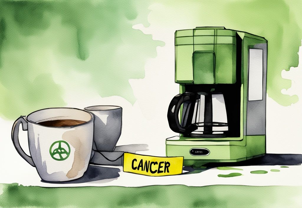 Modern watercolor illustration of a Keurig coffee maker surrounded by caution tape with a prominent cancer warning sign, Keurig cancer warning.