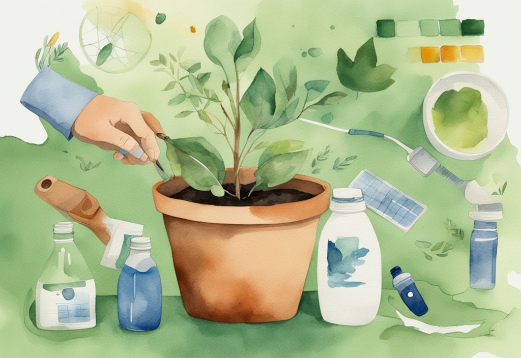 Modern watercolor illustration of hands planting a seedling into a recycled pot, surrounded by sustainable practices items like a bicycle, solar panels, and a reusable water bottle.