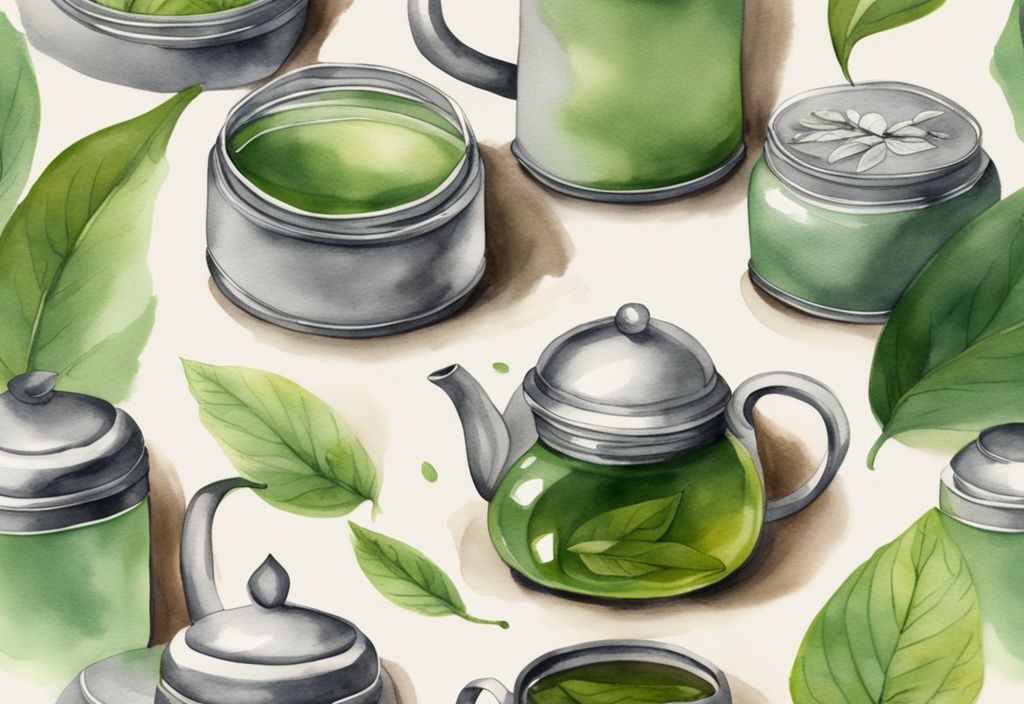 Modern watercolor illustration of organic tea leaves in open tins with a steaming cup of green tea nearby