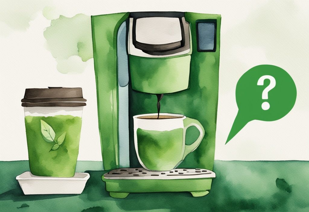 Modern watercolor illustration of a green-themed Keurig coffee machine with a question mark indicating health implications