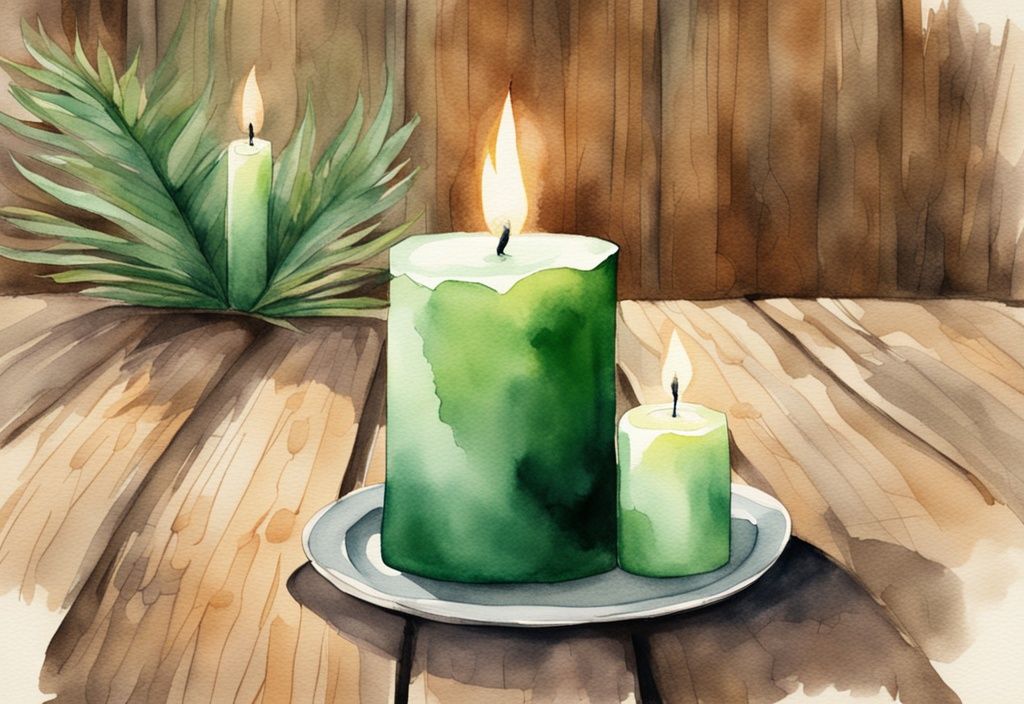 Modern watercolor illustration of green-themed decor with burning palm wax and soy wax candles on a rustic wooden table.