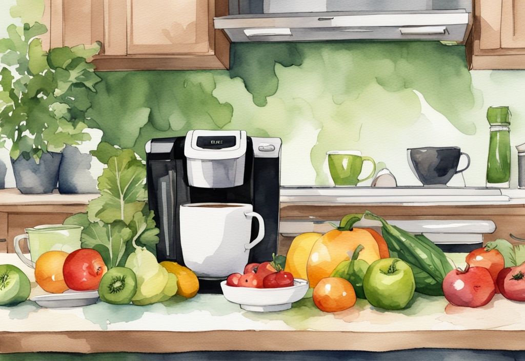 Modern watercolor illustration of a Keurig coffee maker on kitchen counter with a mug of freshly brewed coffee, surrounded by colorful fruits and vegetables, implying healthiness; is Keurig coffee healthy?