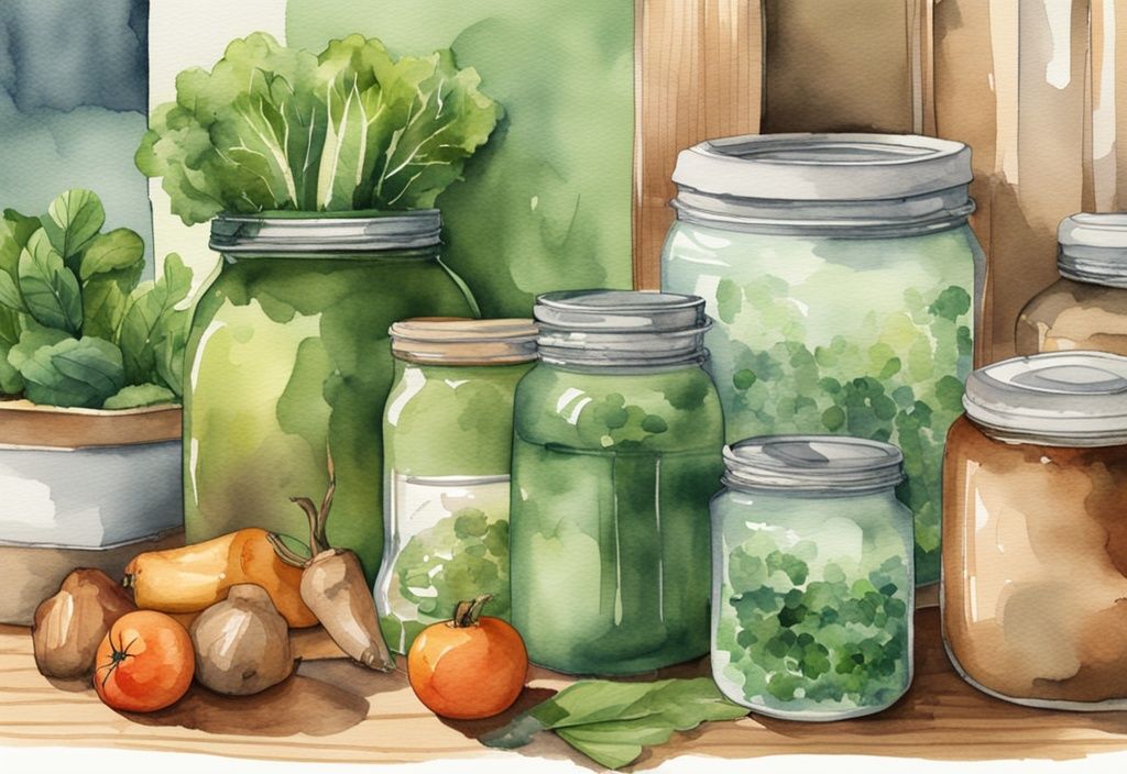 Modern watercolor illustration of reused and recycled household items, including glass jars with bulk pantry items, a reusable shopping bag with fresh produce, and a compost pail on a wooden table, depicting what is zero waste.