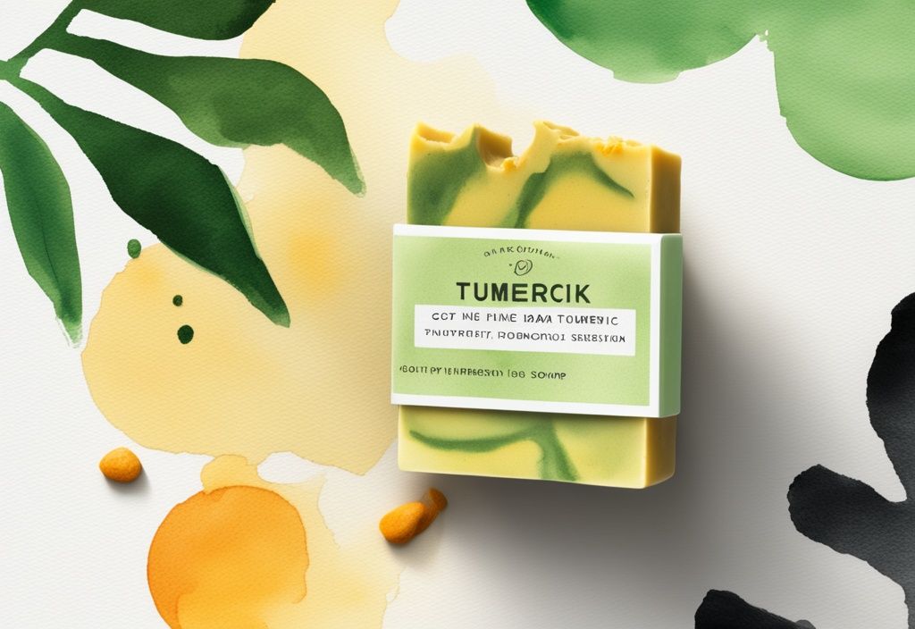 Modern watercolor illustration of a green-themed close-up of turmeric soap reducing dark spots on skin