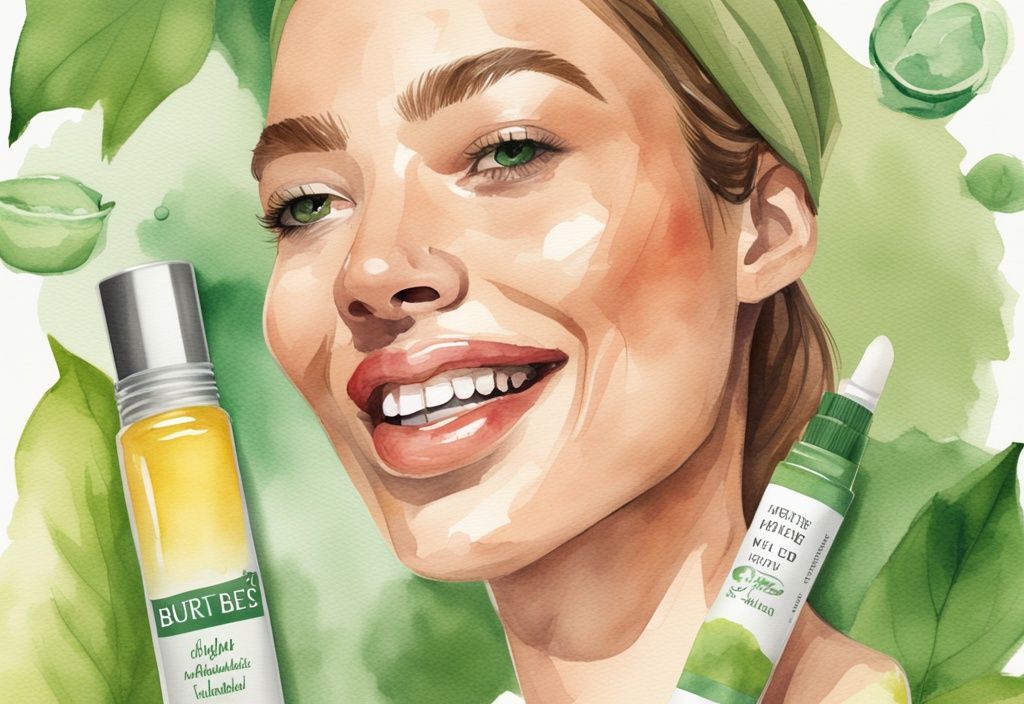 Modern watercolor illustration with green theme, Burt's Bees lip balms, smiling woman with moisturized, healthy lips