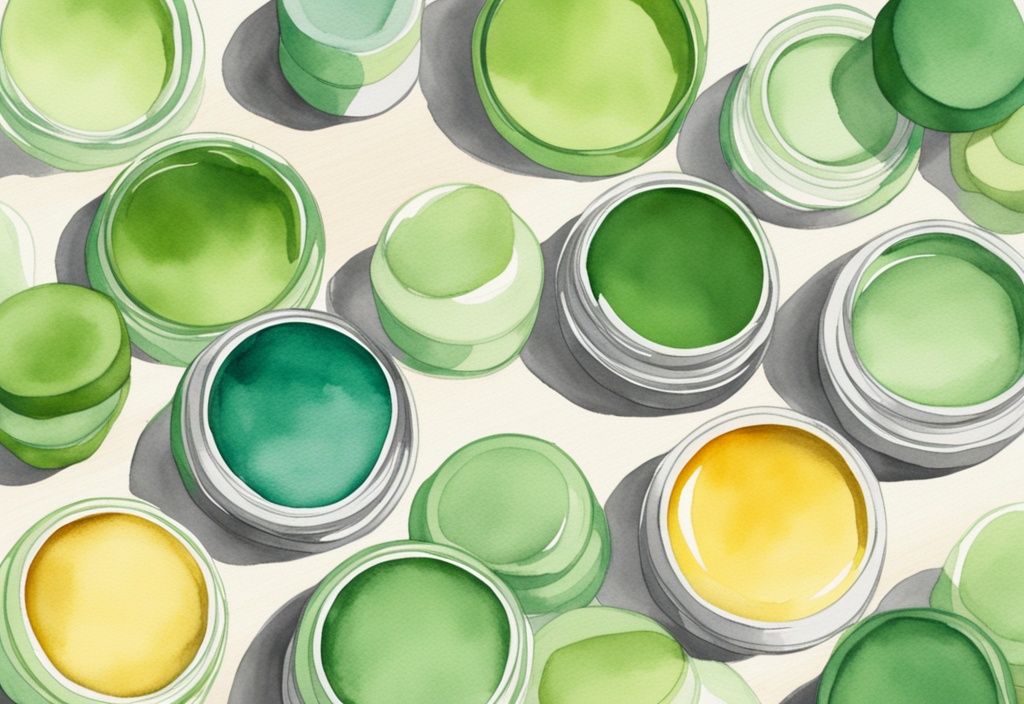 Modern watercolor illustration of colorful gluten-free lip balms on a green-themed natural background