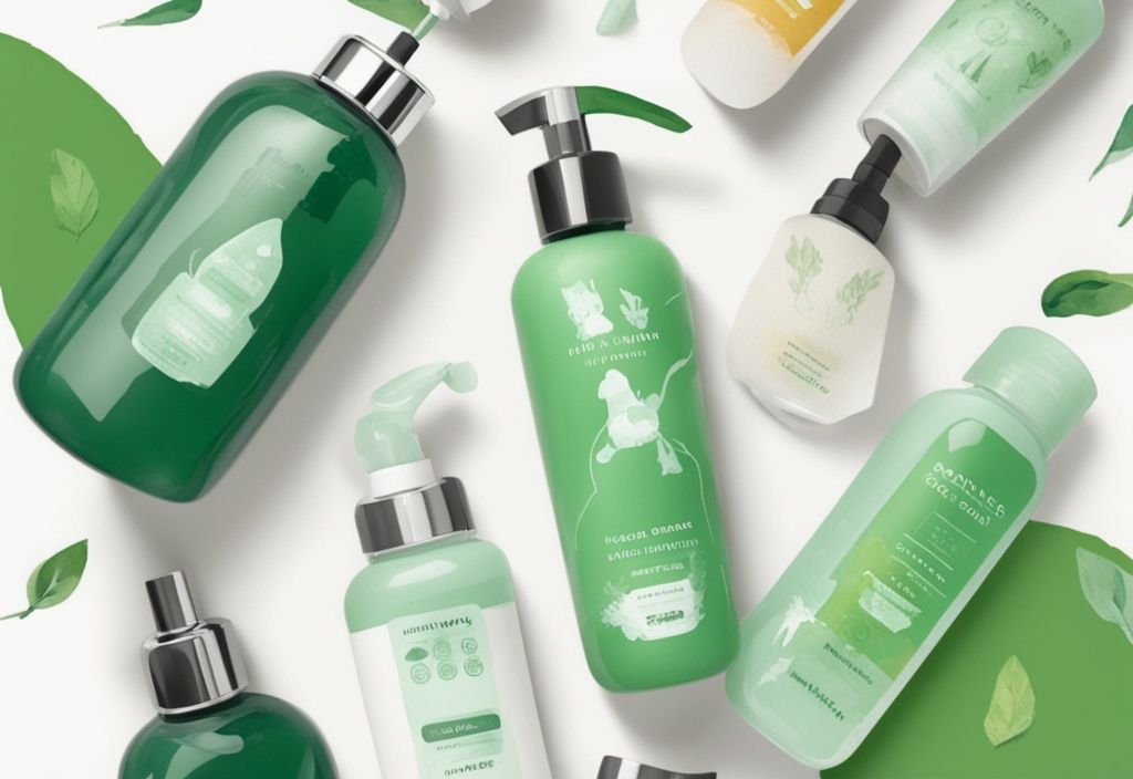 Modern watercolor illustration of cruelty-free face cleanser bottles on white marble with animated animal icons hovering above.