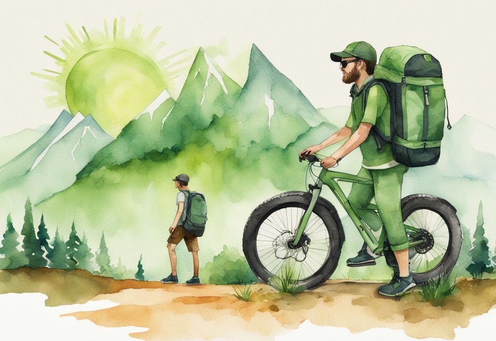 Modern watercolor illustration of a green-themed backpacker practicing travel sustainable level 1 with solar-powered equipment, reusable water bottle, and bike.