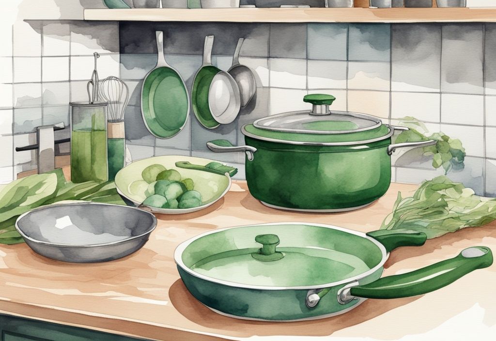 Modern watercolor illustration of green-themed kitchen with non-toxic ceramic, stainless steel, and cast iron pans on countertop