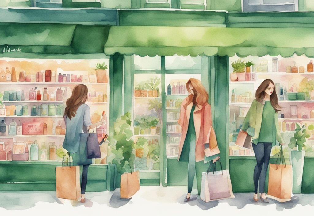 Modern watercolor illustration of a bustling shopping scene with green hues, featuring popular beauty stores like Sephora and vibrant storefronts displaying colorful cosmetic products.