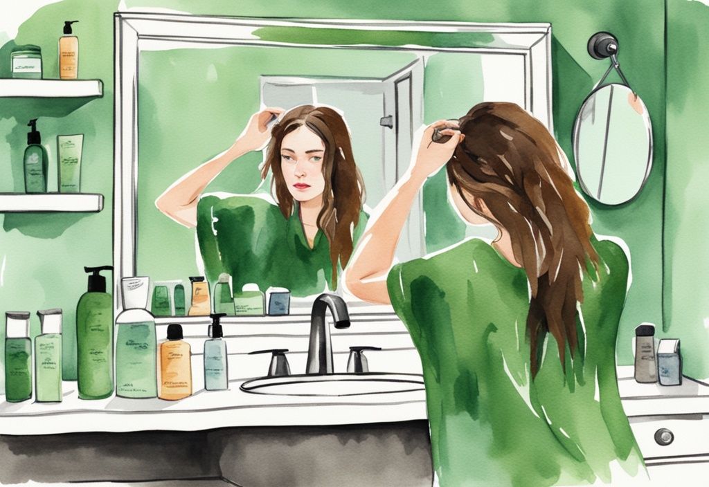 Modern watercolor illustration of a woman examining her hair in the mirror with native hair care products on the bathroom counter, exploring the question: is native bad for your hair.