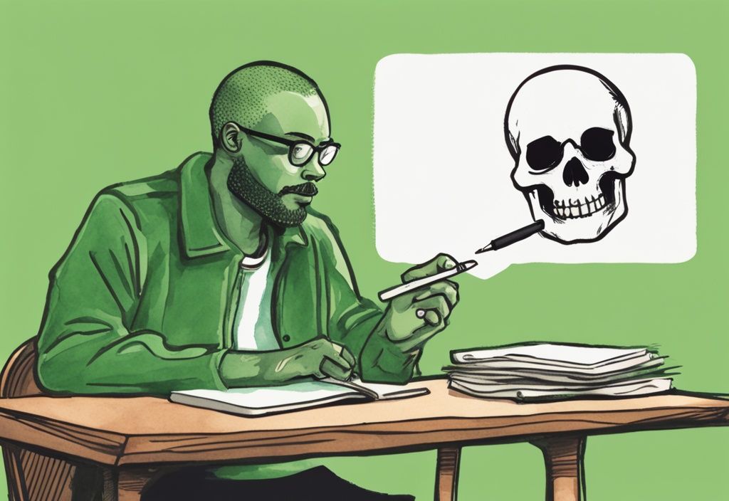 Modern watercolor illustration of a person thoughtfully examining a pen with a thought bubble showing a skull and crossbones over the ink, green color theme.