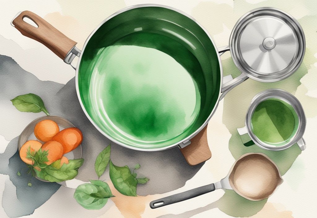 Modern watercolor illustration of green-themed Carote cookware set including pan, pot, and saucepan on kitchen counter with non-toxic qualities overlay text