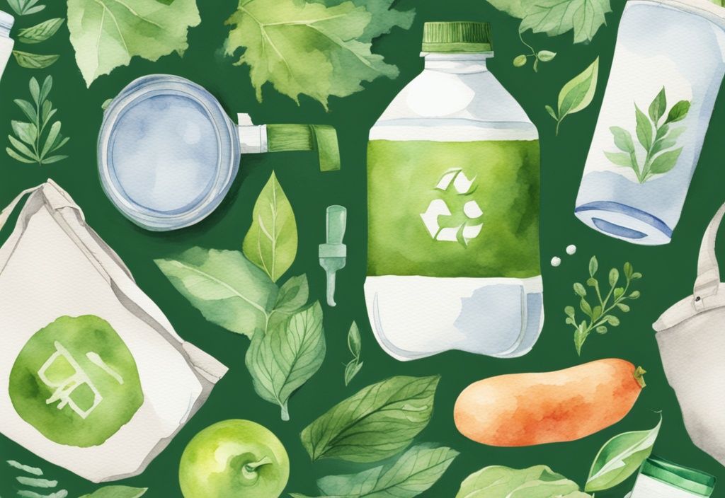 Modern watercolor illustration of green-themed zero waste lifestyle with reusable grocery bags, water bottles, and biodegradable products.