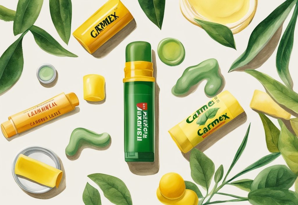 Modern watercolor illustration of deconstructed Carmex lip balm tube with natural ingredients like beeswax, camphor, and lanolin on a green-themed background.