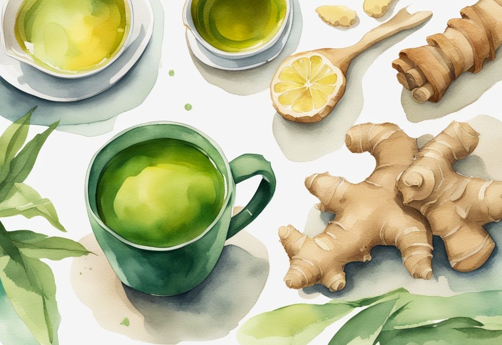 Modern watercolor illustration of various ginger tea brands on a wooden table with a steaming mug of ginger tea and fresh ginger root