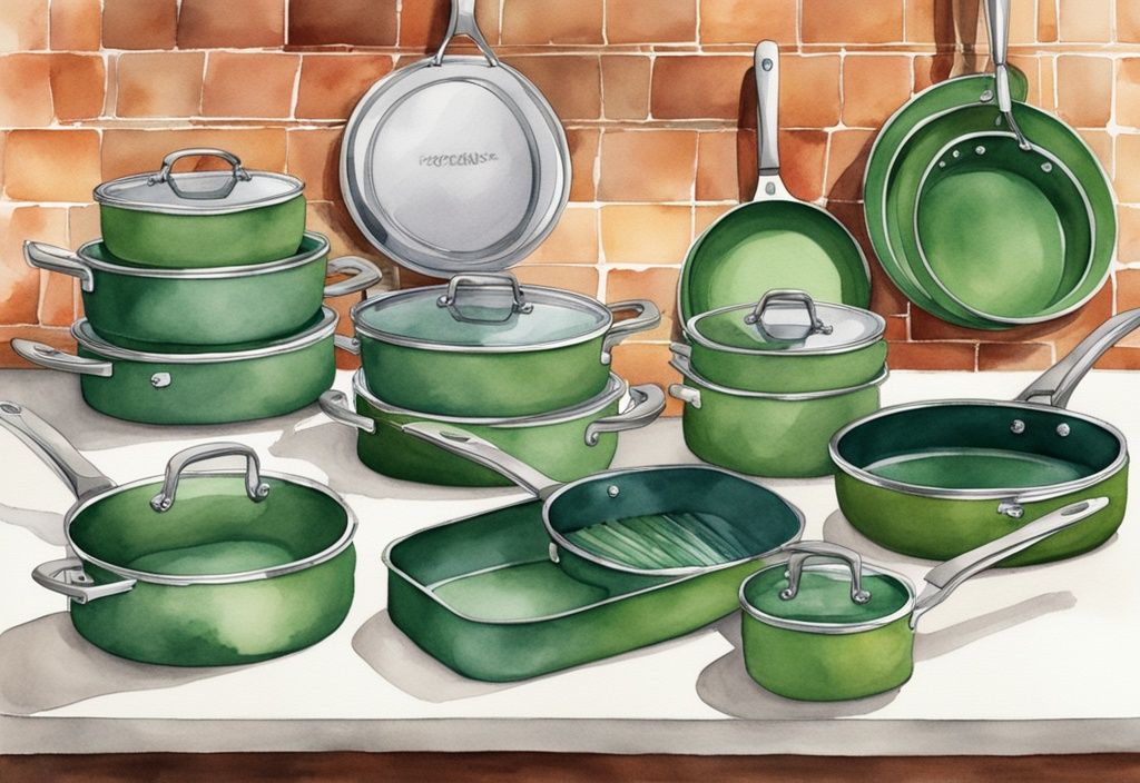 Modern watercolor illustration of eco-friendly, non-toxic pans made from ceramic, hard-anodized aluminum, and stainless steel on a polished kitchen counter, answering the question "what pans are non toxic".