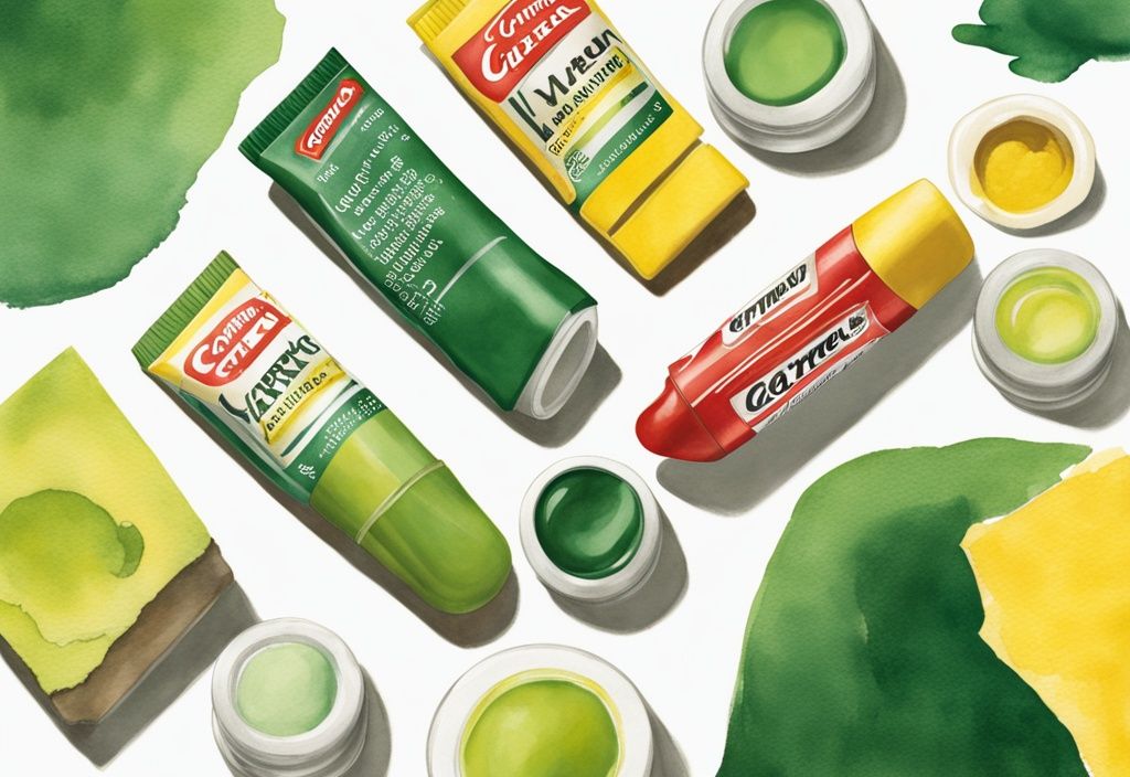 Modern watercolor illustration of deconstructed Carmex lip balm tube with green theme, showcasing natural ingredients like beeswax, camphor, and lanolin.