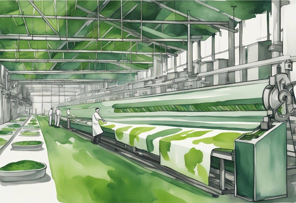 Modern watercolor illustration of Earth Breeze laundry sheets on a green-themed manufacturing assembly line, highlighting global distribution and eco-friendly production practices.