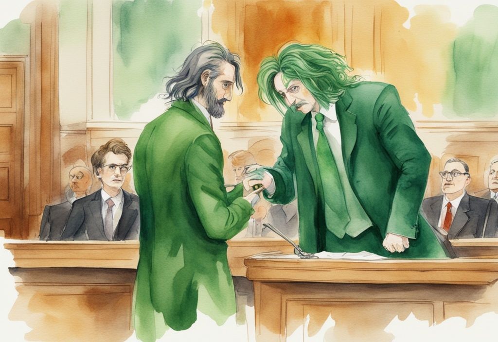 Watercolor illustration of a mock courtroom scene with a prose hair lawsuit theme, featuring a plaintiff with long flowing prose-like hair and a defendant holding scissors.