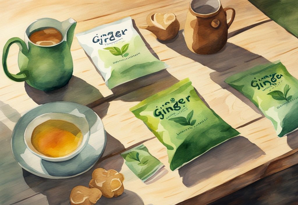 Modern watercolor illustration of various ginger tea brands packets on a rustic wooden table with warm lighting and long shadows.