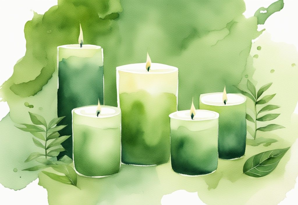 Modern watercolor illustration of colorful soy candles in a serene, non-toxic environment, answering the question: are soy candles non-toxic?