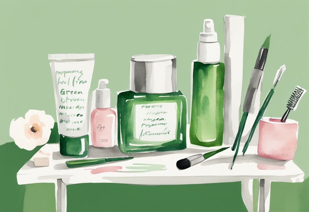 Modern watercolor illustration of pregnancy safe eyelash serum bottle on vanity with baby accessories and products in green color theme